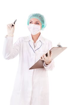 Careful doctor with pen looking up isolated on white background