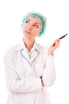 Nurse with black pen looks up isolated on white background