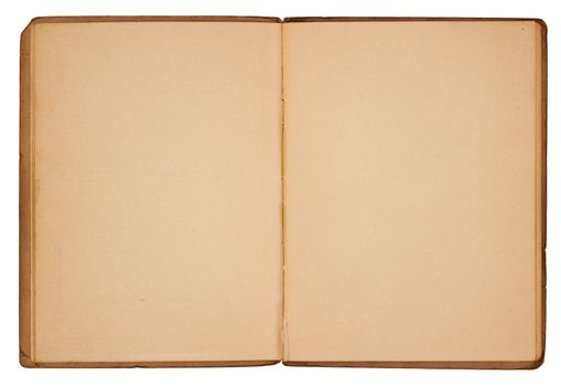 A vintage booklet viewed from above and opened to reveal blank, yellowing pages with rough, creased edges and dog-eared corners. Isolated on white. Includes clipping path.