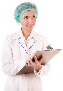 Smiling nurse with medical report and pen isolated on white background