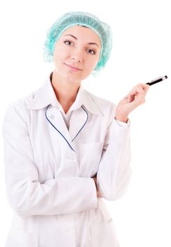 Nice-looking nurse with black pen isolated on white background