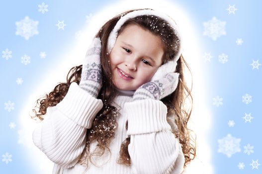 Winter Pleasant Girl snow flake blue  background