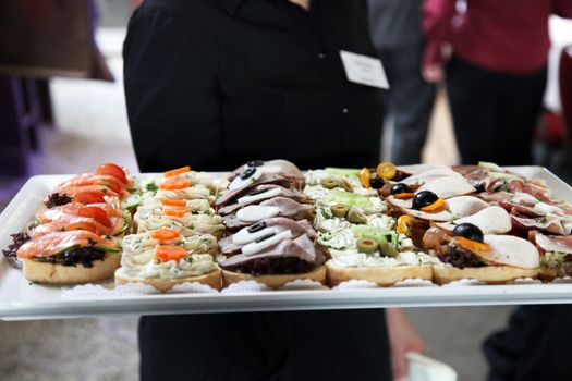 Waiter offering a tray of delicious gourmet appetizers at a wedding reception or catered event