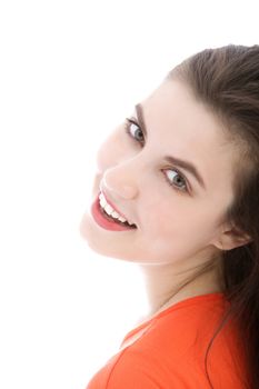 Cropped view partial head portrait of a smiling woman looking back at the lens isolated on white