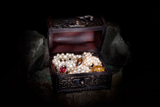 Treasure chest in a dark cave 