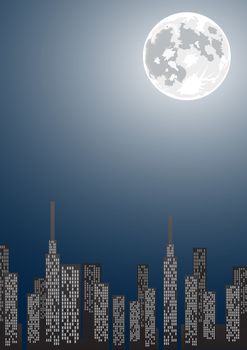 Vector illustration of night city with skyscrapers, full moon and copy-space