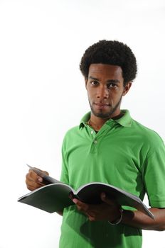 Portrait of young african american man reading a magazine isolated on white