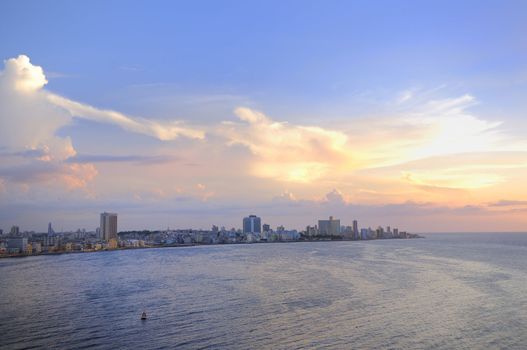 Havana bay entrance and city skyline at sunset time