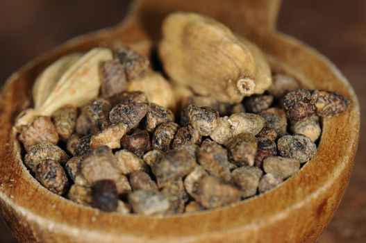 Macro shot of wooden spoon with cardamom seeds