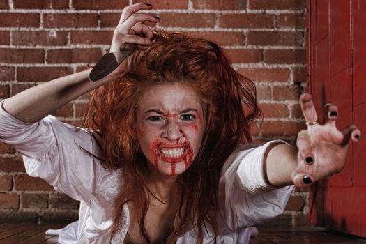 Woman in Horror Situation With Bloody Face