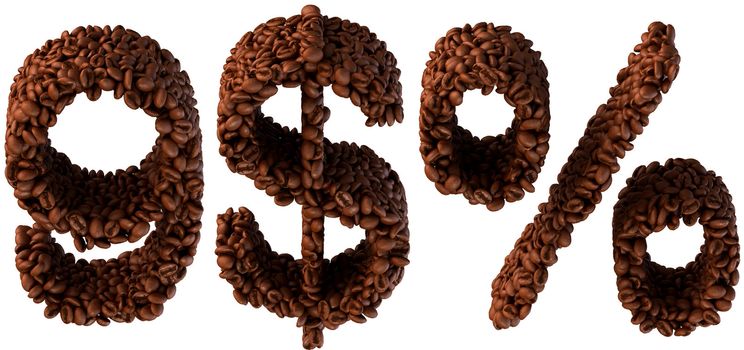 Coffee font 9, US dollar currency and percent symbol isolated over white