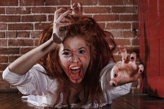 Woman in Horror Situation With Bloody Face