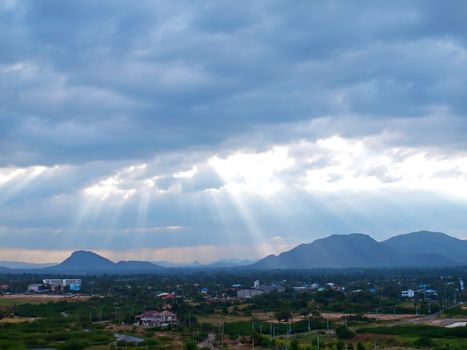 Mountains landscape with bad weather and the cloudy sky birds eye view