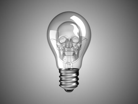 Spooky Skull inside Lightbulb - death and disease. Over grey