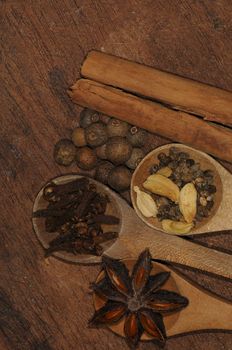 Background with assorted spices: cinnamon, cardamom, black pepper, clove (Syzygium aromaticum) and star anise. 