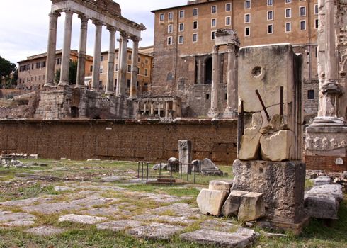 The Temple of Saturn and the Temple of Vespasian and Titus in the Roman Forum in Rome, Italy.
