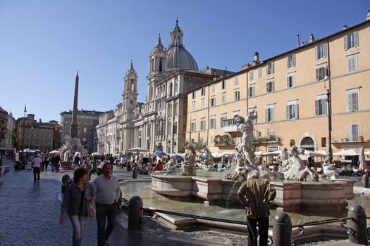 Piazza Navona in Rome, Italy.  Featuring the Fountain of the Four Rivers and the Fountain of Neptune.
