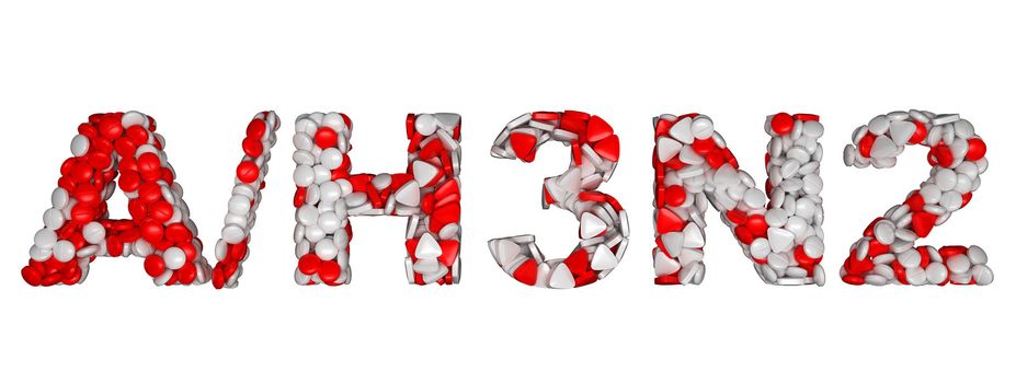A H3N2 virus - word assemled with colorful pills isolated over white