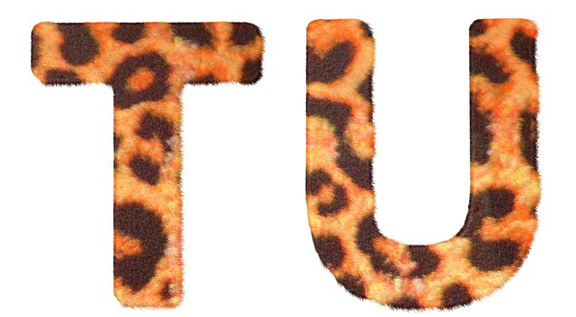 Leopard fur T and U letters isolated over white background