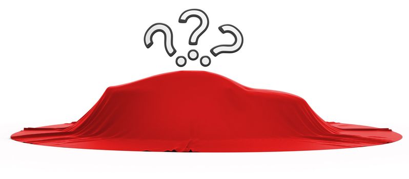 New car reveal with query marks above over white background