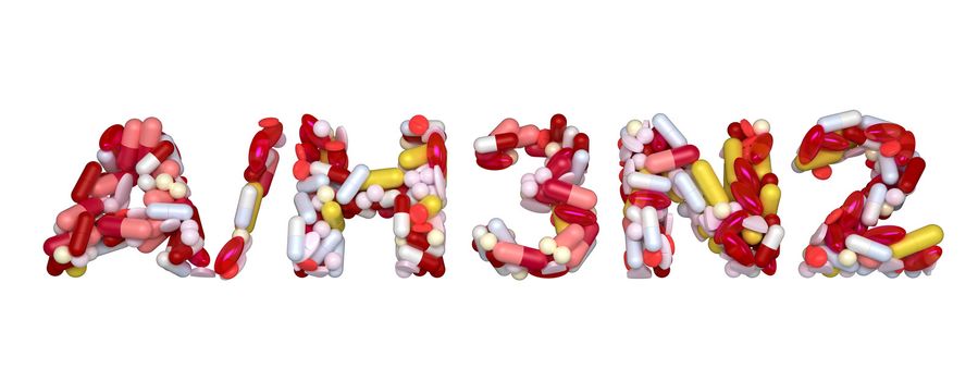 Swine Flu H3N2 virus - word assemled with pills isolated over white