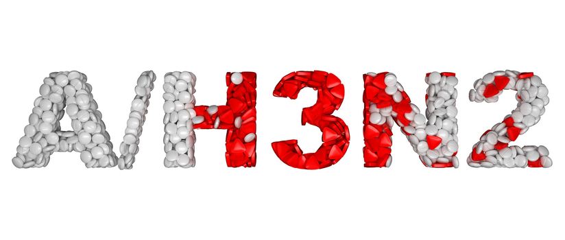 Swine Flu H3N2 epidemic - word assemled with pills isolated over white