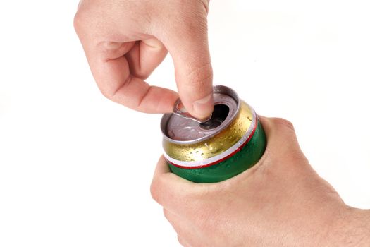 Mans hand opening aluminum beer can, isolated on white background