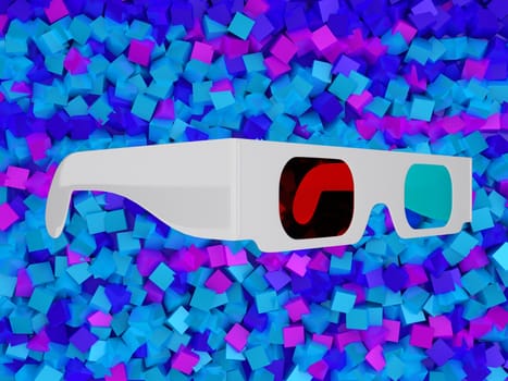 Cinema 3D glasses over colorful blocks background