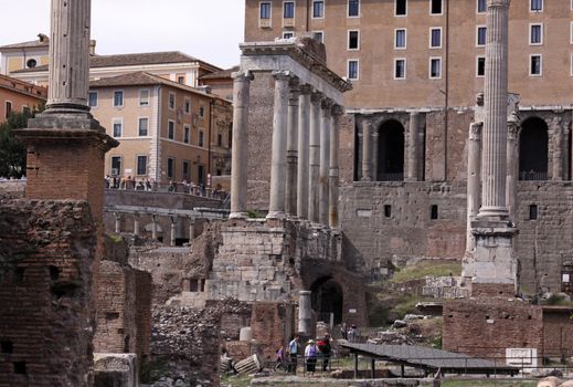 The Roman Forum, featuring the Temple of Saturn.  In Rome, Italy.