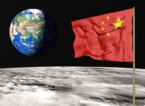 closeup of the chinese flag on the lunar surface with the planet Earth in the background