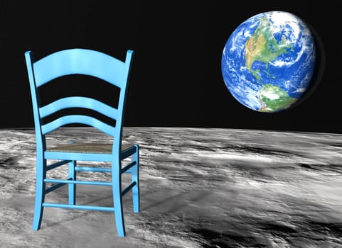 closeup of a blue chair on the lunar surface oriented toward the planet earth