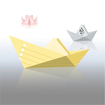 Different types of paper boats made of different paper types on a glossy surface - yellow personal todo list boat, gray calendar yacht and pink steamboat of family needs.