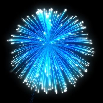 Blue festive fireworks at night over black background