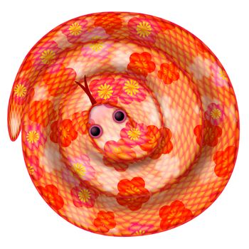 Coiled Chinese New Year Snake with Cherry Blossom Pattern Illustration Isolated on White Background