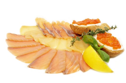 a plate of fish and caviar on a white background