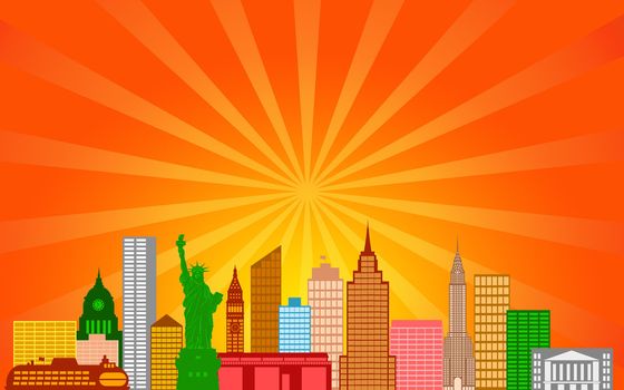 New York City Skyline Panorama Color Silhouette with Sun Rays Clip Art Illustration