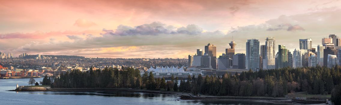 Vancouver BC City Skyline and Stanley Park along Burrard Inlet Panorama
