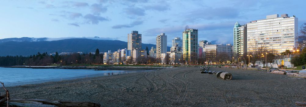 Waterfront Condominium Living along Sunset Beach in Vancouver BC Canada at Blue Hour