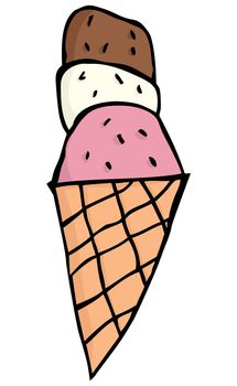 Three different scoops of ice cream in cone over white