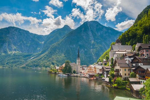 Beautiful summer Alpine Hallstatt Town and lake Hallstatter. See view (Austria)