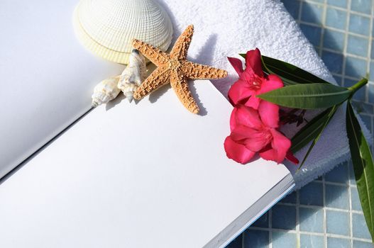 open book, shellfish and white towel beside a pool