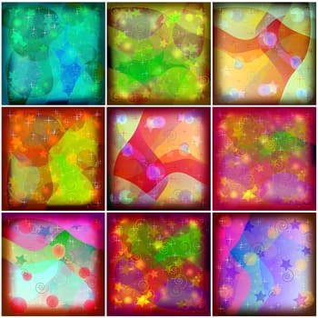 Set abstract various colored backgrounds, patterns with curves, stars and circles
