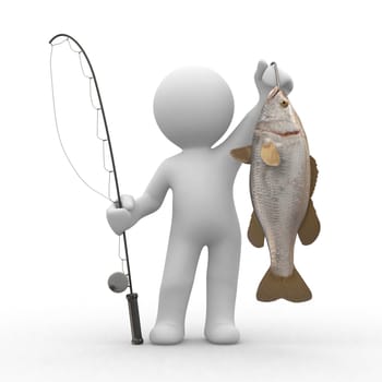 3d human with a fish and a fishing rod