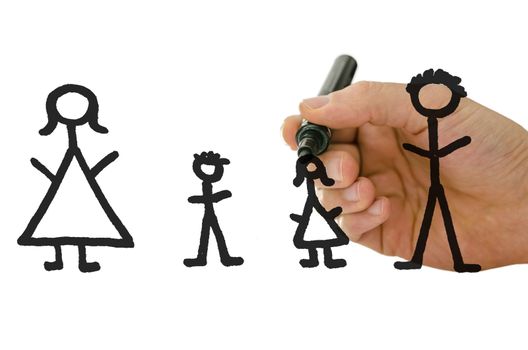 Closeup of male hand drawing family on virtual white board with black marker.