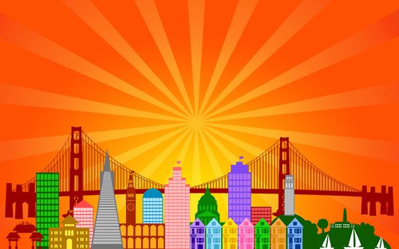 San Francisco California City Skyline Panorama Color Silhouette with Sun Rays Clip Art Illustration