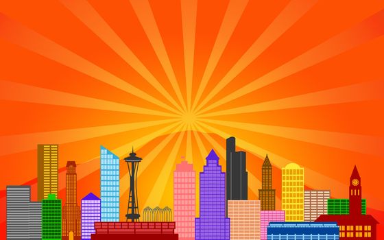 Seattle Washington City Skyline Panorama Color Silhouette with Sun Rays Clip Art Illustration