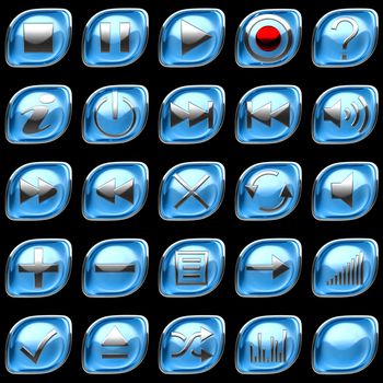 Blue pushed Control panel buttons or icons isolated on black