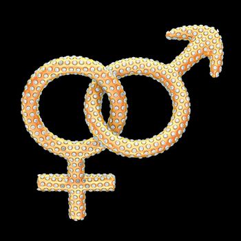Golden gender symbols inlaid with gems over black