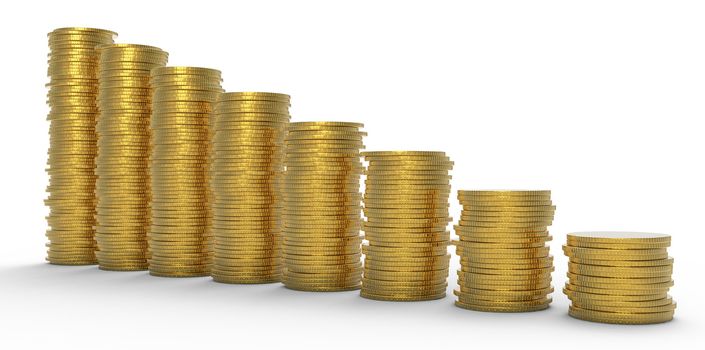 Growth or recession: golden coins stacks over white