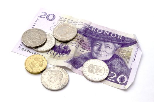Swedish currency and coins closeup 